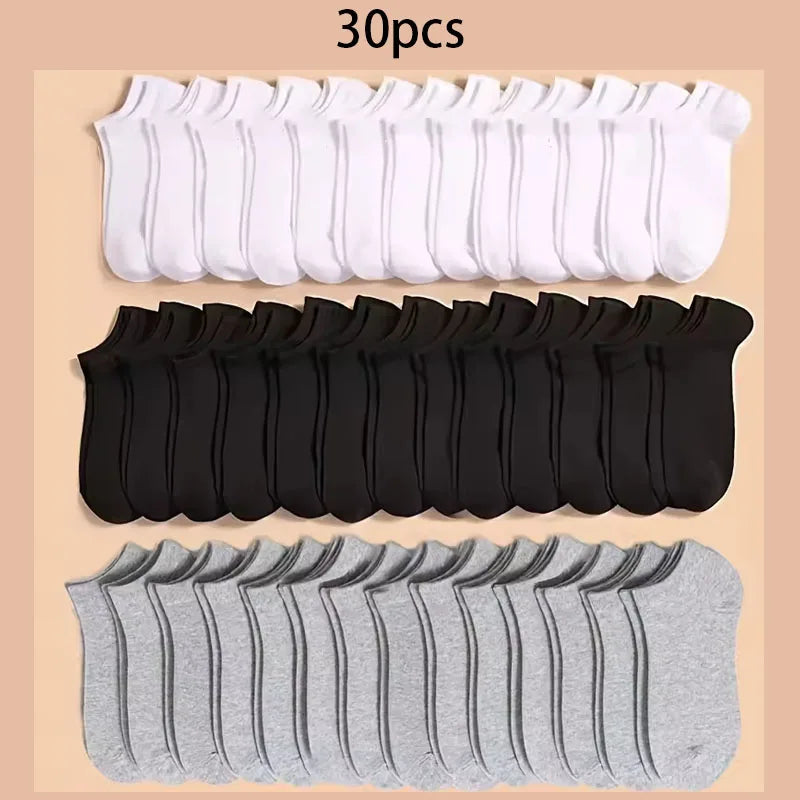 A set of 30 pairs of soft lightweight ankle socks in white, black, and gray colors.