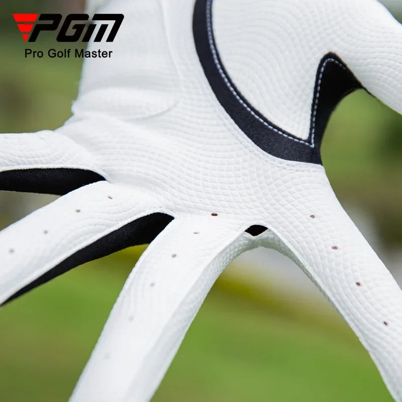 Close-up of a white Pro Golf Master men's golf glove showing the palm and fingers.