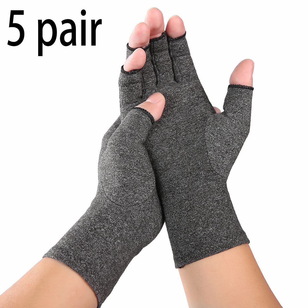 Five pairs of gray fingerless compression gloves being held on a hand.