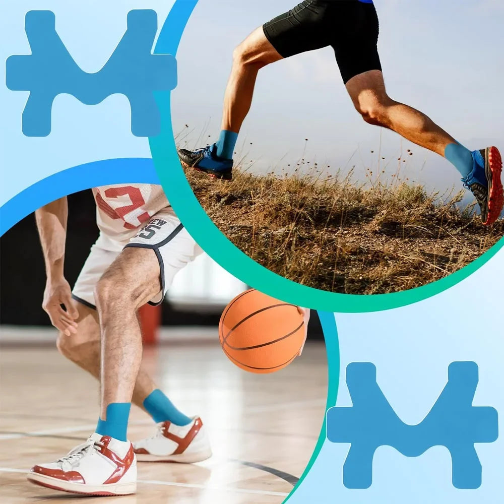 Eine Person führt eine körperliche Übung im Freien aus und trägt Sportkleidung sowie blauen Tape um die Sprunggelenk.