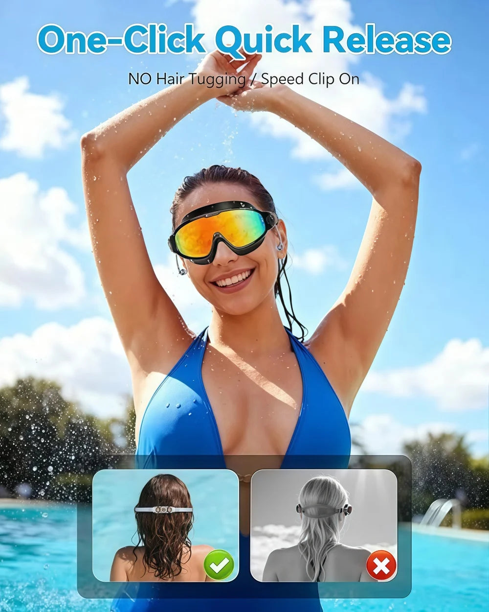 A woman wearing orange anti-fog UV swim goggles is shown against a bright blue sky and water background.