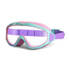 Purple and teal swimming goggles for children with a clear frame.