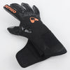 Black professional football goalkeeper gloves with orange branding and grip texture