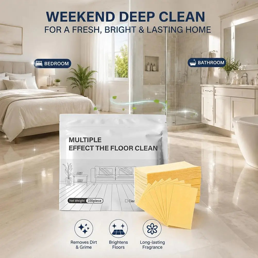 A package of Aroma Floor Cleaning Tablets with yellow sheets on a glossy floor, promoting a weekend deep clean.