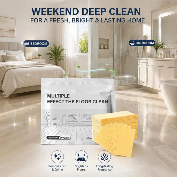 A package of Aroma Floor Cleaning Tablets with yellow sheets on a glossy floor, promoting a weekend deep clean.