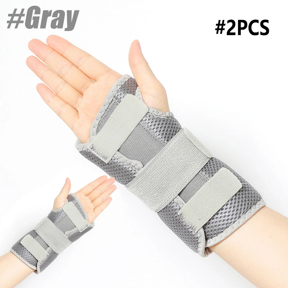 A hand is wearing a gray dual wrist support brace for tendonitis and carpal tunnel.