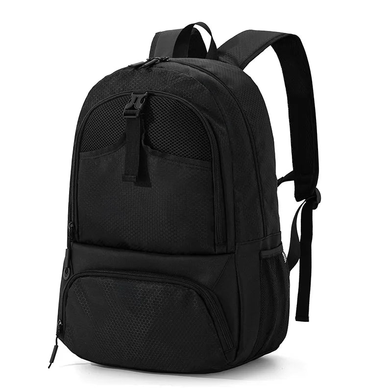 Black multi-sport fitness backpack with a dedicated shoe pocket