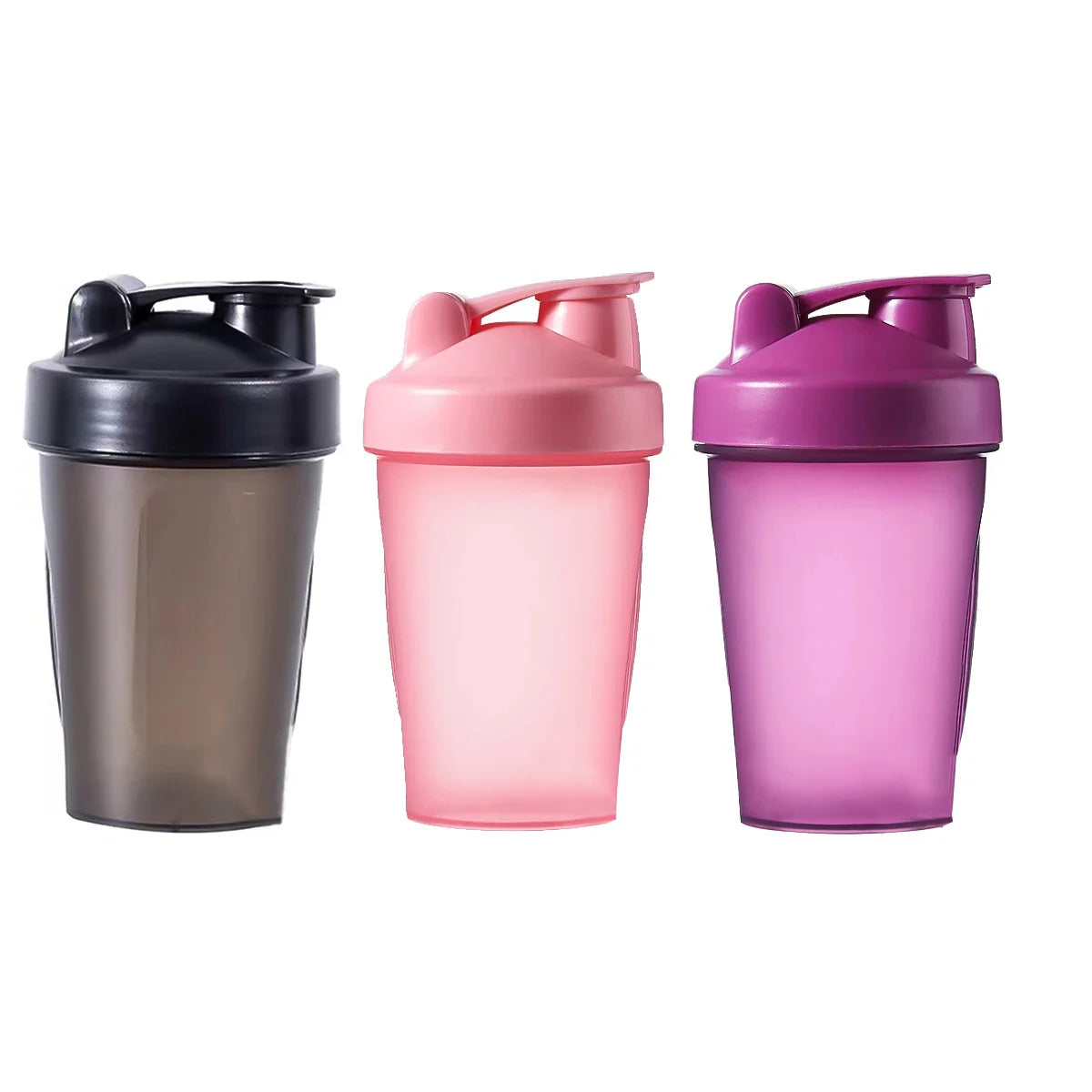 Three leak-proof sports shaker bottles in black, pink, and purple colors.