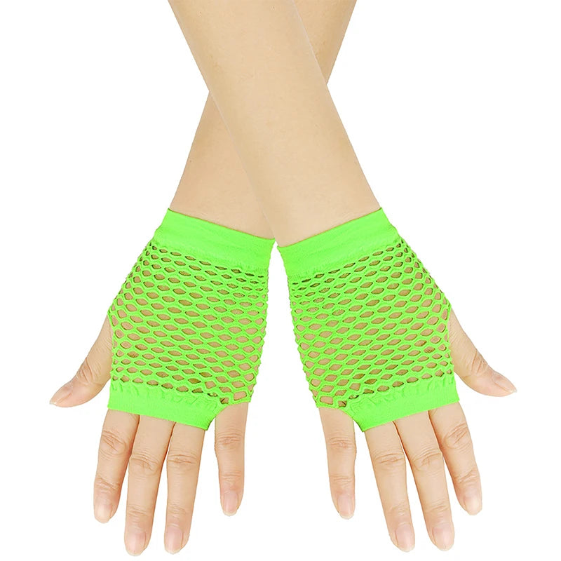 Bright lime green mesh fingerless gloves worn on a hand.
