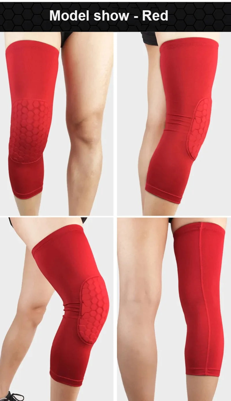 Red compression knee pads shown on a leg, highlighting the design and fit.