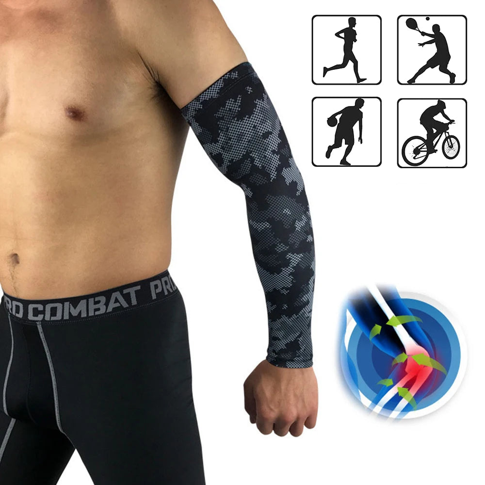 Black compression arm sleeves shown on an arm, with icons illustrating various athletic movements.