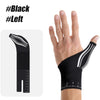 A hand wearing a black thumb and wrist brace with white stripes, shown next to the product.
