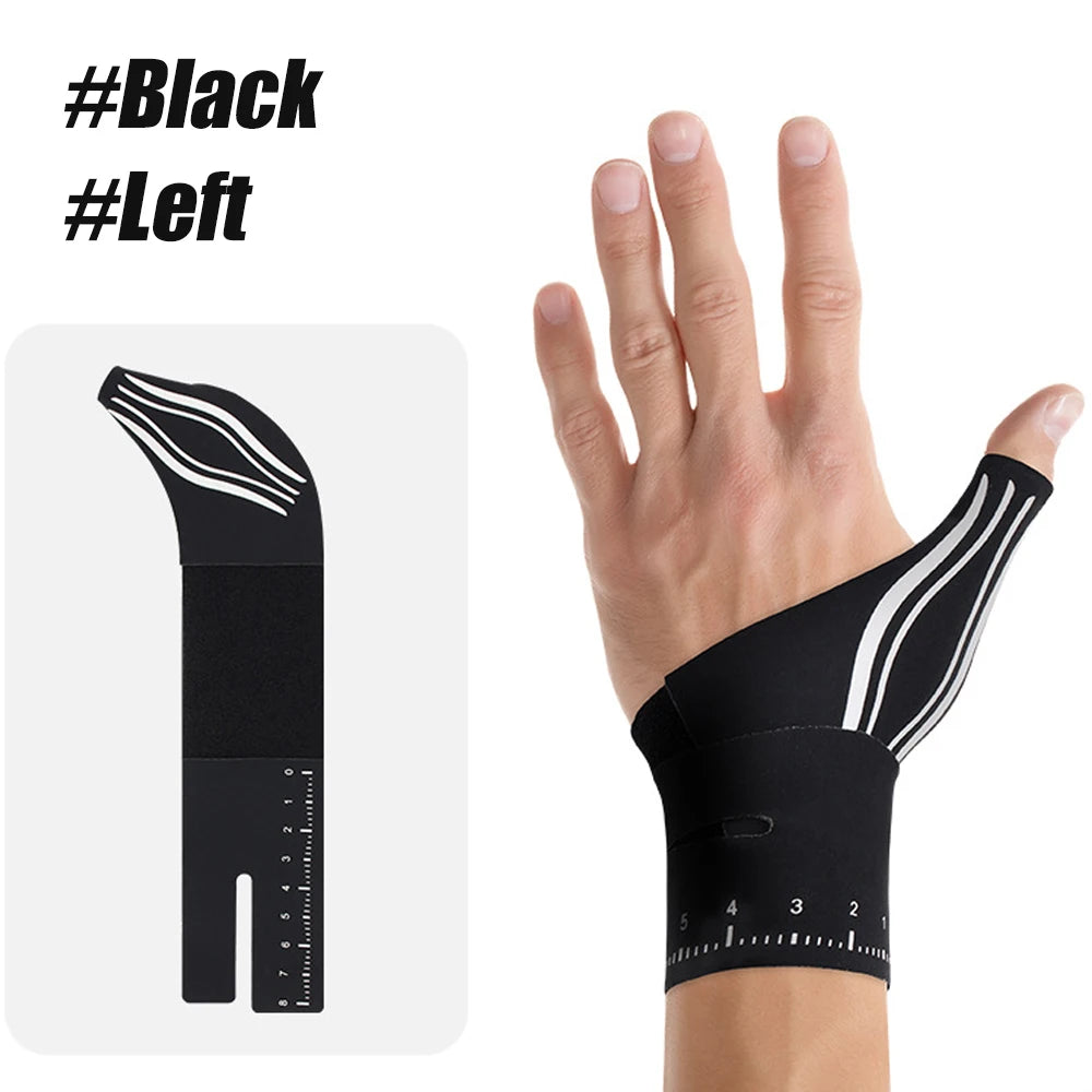 A hand wearing a black thumb and wrist brace with white stripes, shown next to the product.