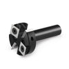 A set of precision wood milling router bits with sharp cutting edges and a black handle.