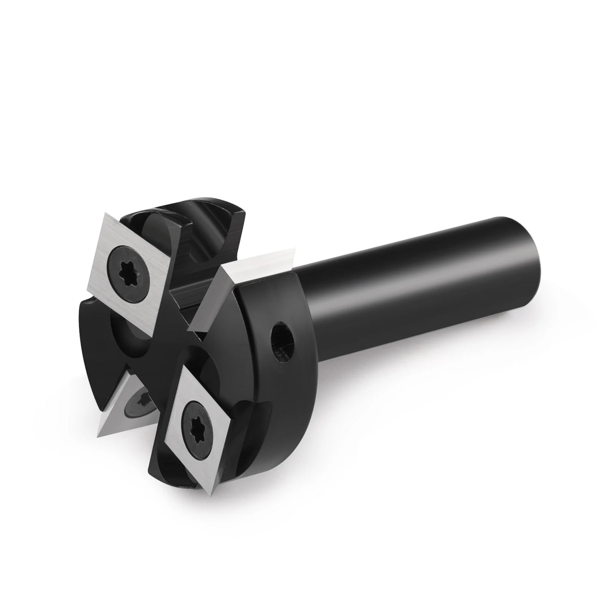 A set of precision wood milling router bits with sharp cutting edges and a black handle.