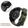 A black Samsung Gear S3 Frontier watch with a green nylon quick release band shown next to a close-up of the spring pins.