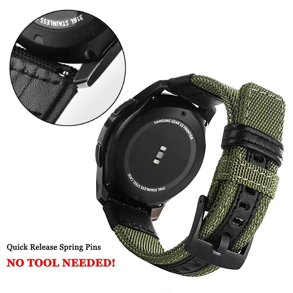 A black Samsung Gear S3 Frontier watch with a green nylon quick release band shown next to a close-up of the spring pins.