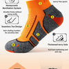 Orange and gray performance sports ankle socks with features like honeycomb ventilation, seamless toe design, and thick terry