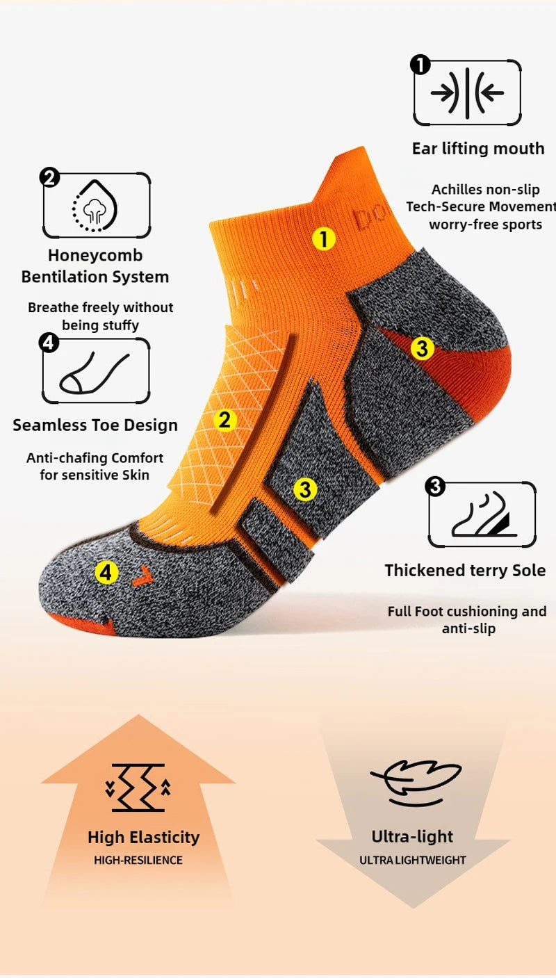 Orange and gray performance sports ankle socks with features like honeycomb ventilation, seamless toe design, and thick terry