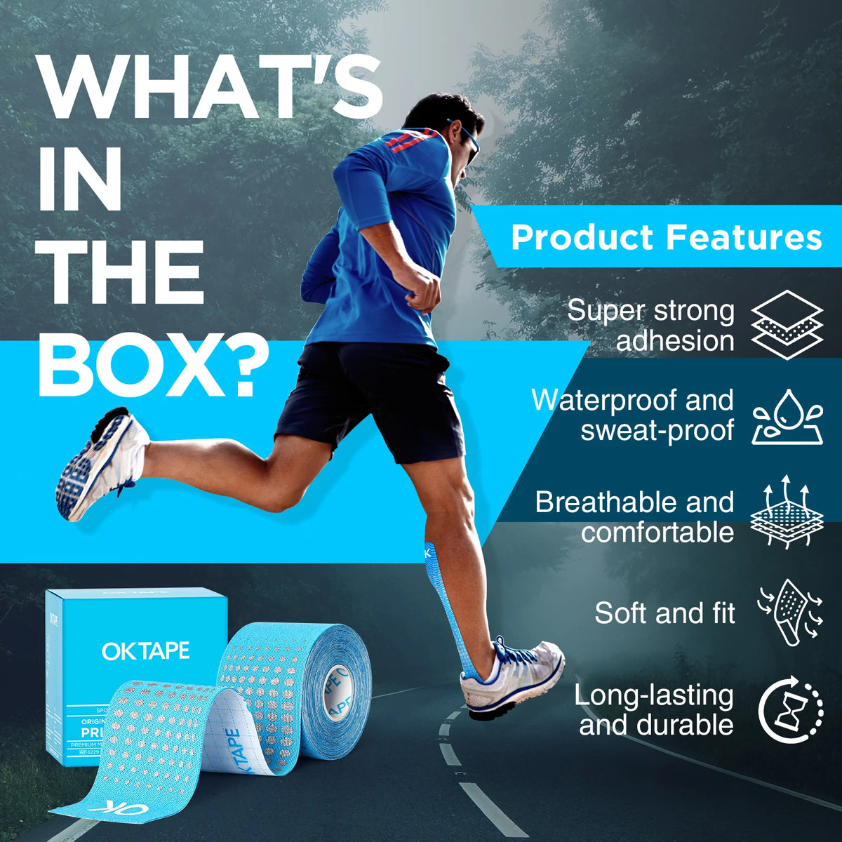 A person is applying or demonstrating OKtape kinesiology tape on their leg while running, showing its strong adhesion and dur
