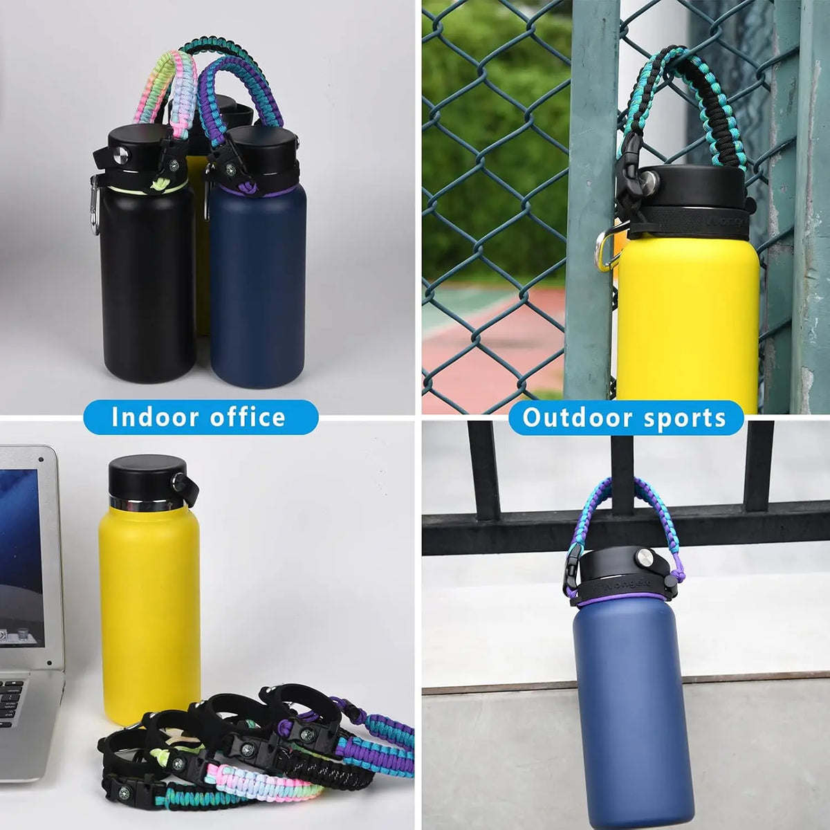 Yellow and blue paracord straps for water bottles used in indoor office and outdoor sports.