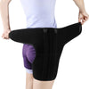 Black adjustable groin and thigh compression support brace worn by a person.