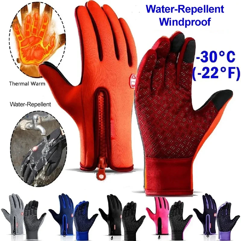 A collection of water-repellent windproof gloves in various colors and textures for outdoor activities.