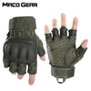 A pair of dark olive green tactical PU leather touch screen gloves shown against a white background.