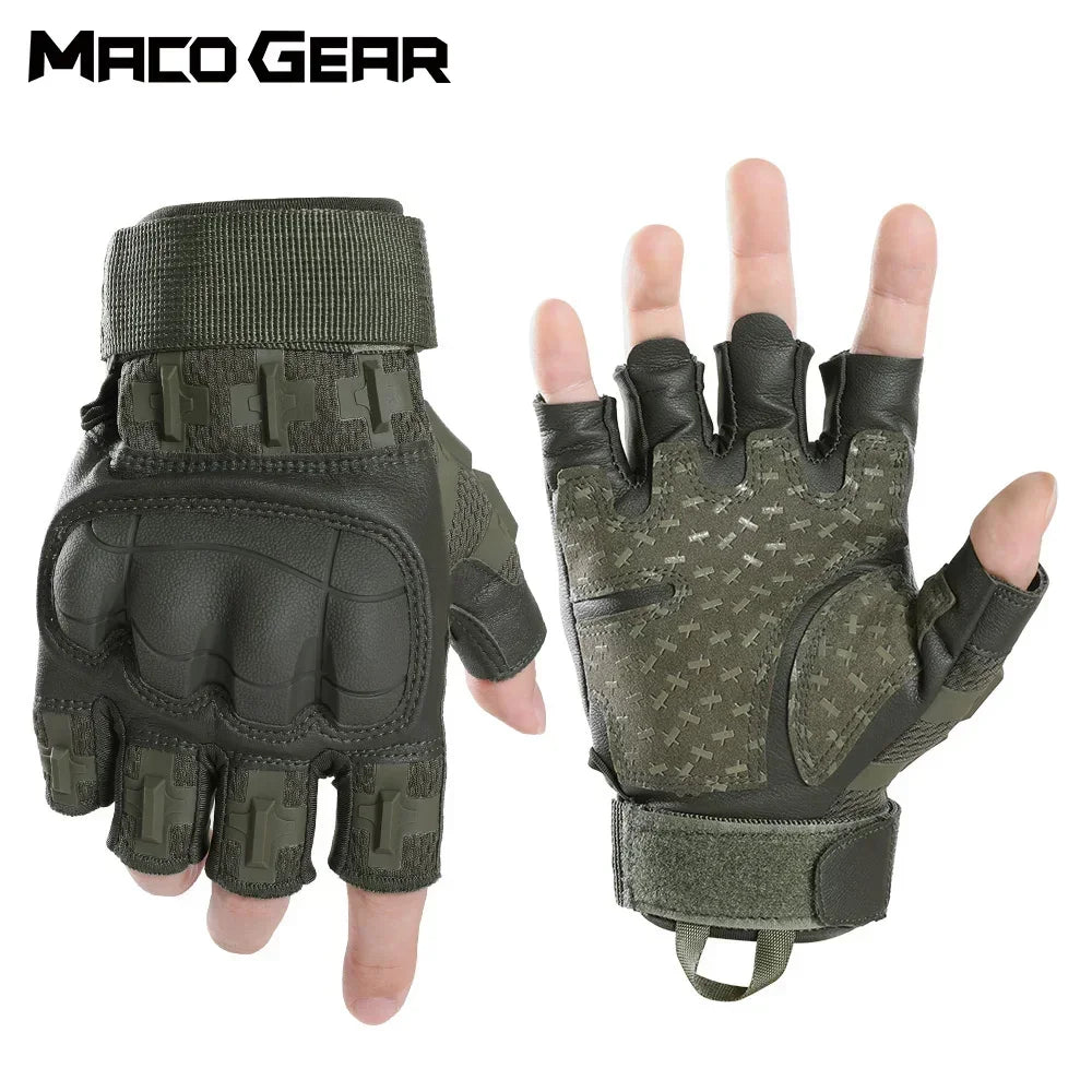 A pair of dark olive green tactical PU leather touch screen gloves shown against a white background.