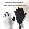 A pair of professional grade cycling gloves, one white and one black, shown against a light background.