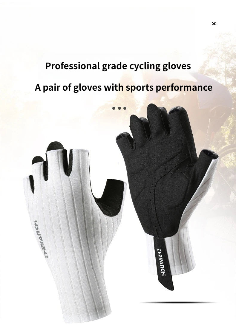 A pair of professional grade cycling gloves, one white and one black, shown against a light background.