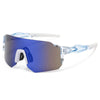 A pair of blue-tinted, square sunglasses with clear plastic frames and adjustable arms.