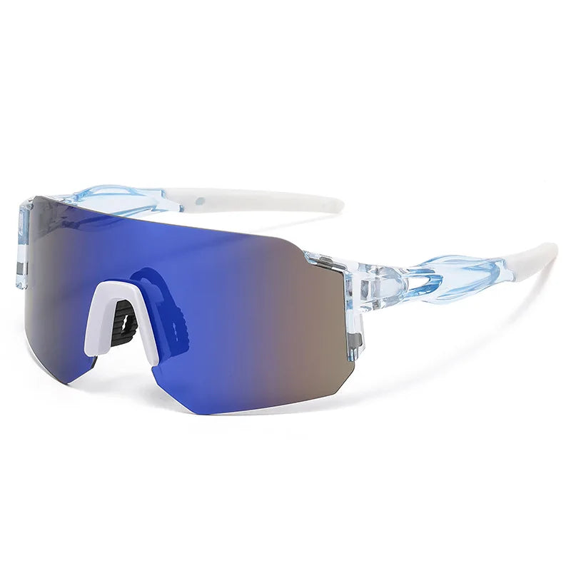 A pair of blue-tinted, square sunglasses with clear plastic frames and adjustable arms.
