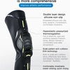 A black compression knee brace with yellow accents shown from the side.