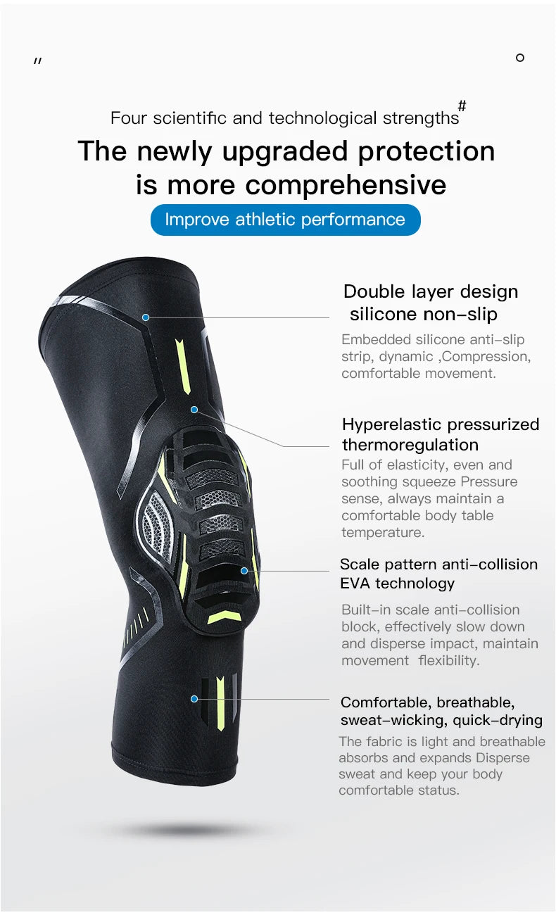 A black compression knee brace with yellow accents shown from the side.