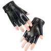 Black PU leather fingerless fitness gloves shown on a hand.