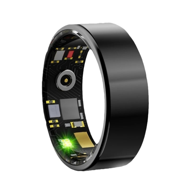 A black smart health ring fitness tracker with glowing green light visible on the side.