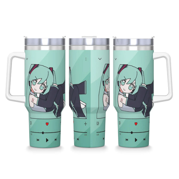 Three stainless steel thermal tumblers with anime-style graphics featuring light green backgrounds and characters.