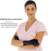 A woman wearing black compression gloves demonstrates the Copper Arthritis Relief Gloves for hand pain relief.