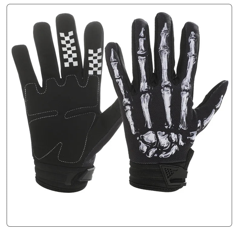 A pair of black full finger motocross motorcycle gloves with checkered pattern accents