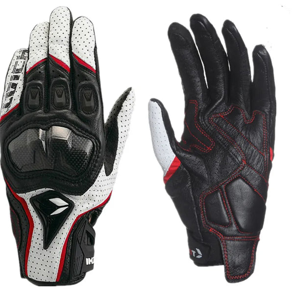 A pair of black and white genuine leather motorcycle motocross gloves shown from the palm side.