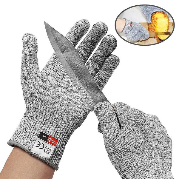A pair of gray heavy duty anti-cutting kitchen and food gloves shown with a close-up of the material.