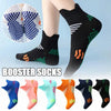 A variety of colorful booster socks in various patterns and colors shown on a foot and laid out.