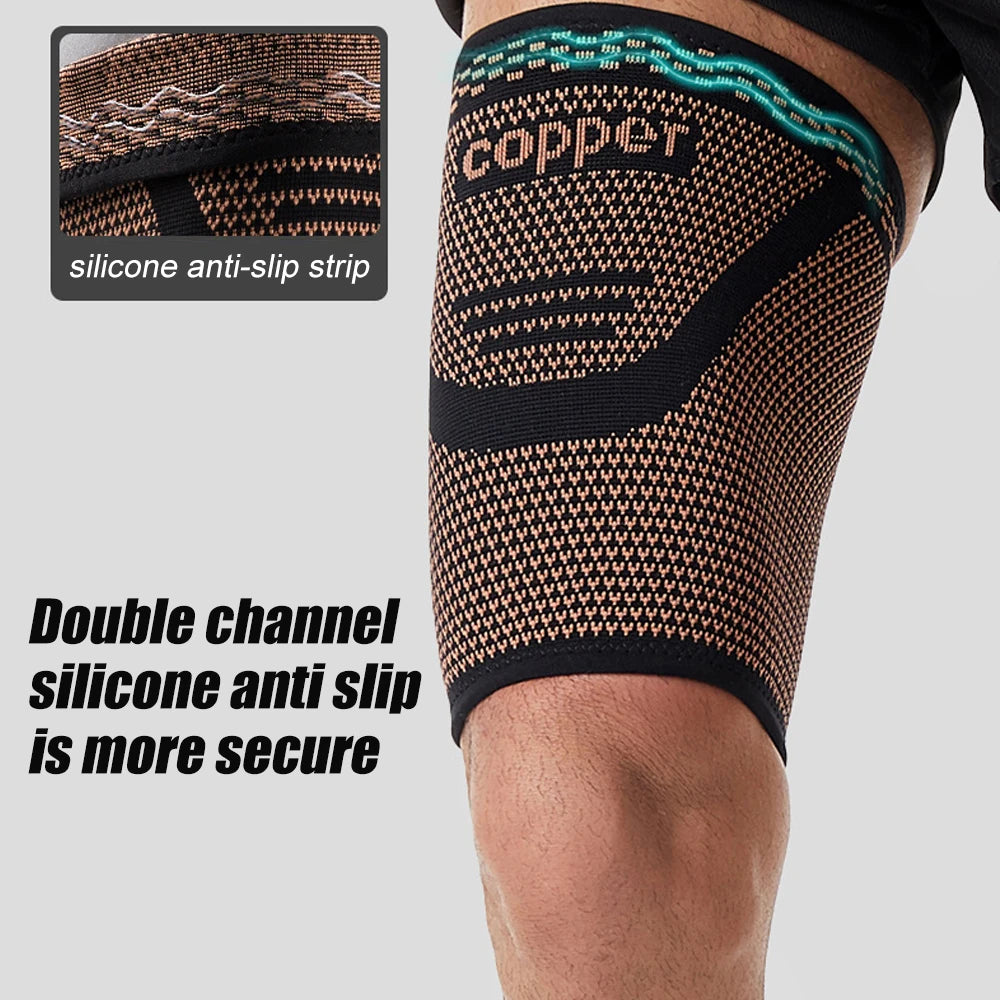 Black thigh compression sleeves with a copper pattern and double channel silicone anti-slip grips