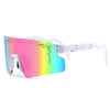 Pink and blue gradient cycling sunglasses with a purple snake design and white patterned strap