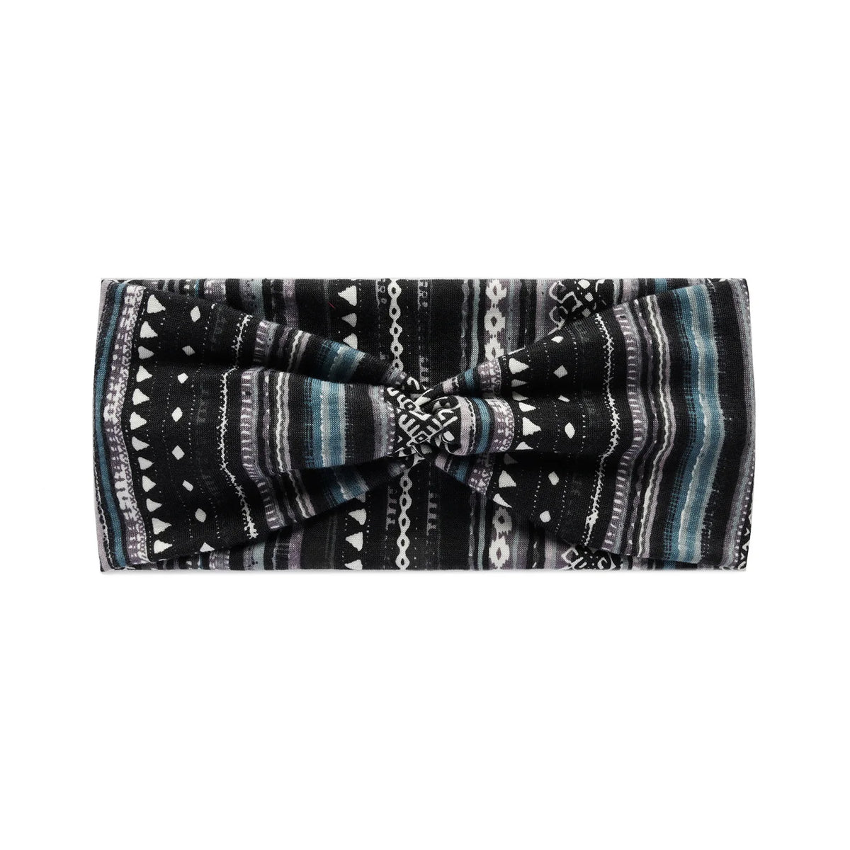 A black and gray bohemian vintage print headband featuring striped patterns.