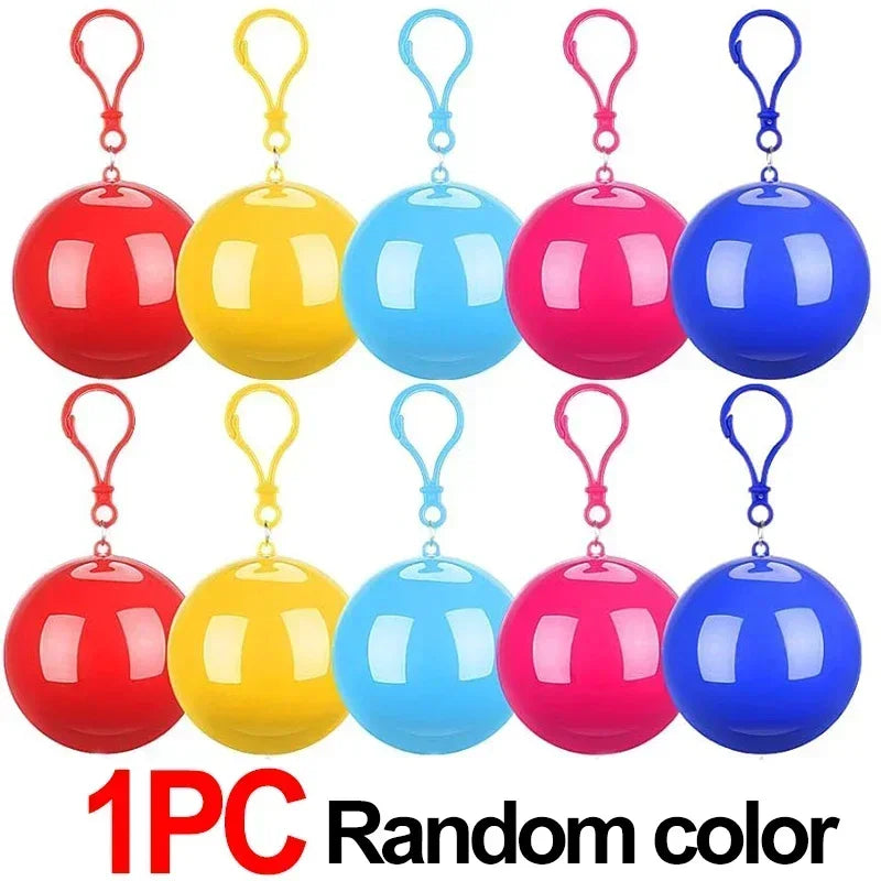 A set of six colorful portable disposable rain ponchos in red, yellow, blue, and pink.