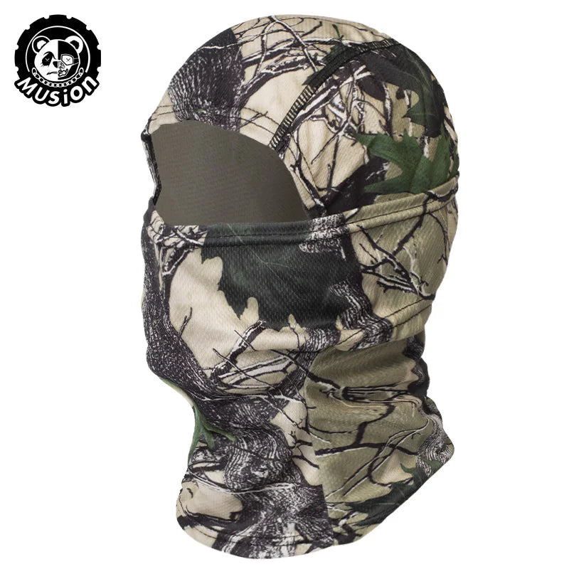 A camouflage patterned breathable mesh balaclava face mask worn on a person's head.