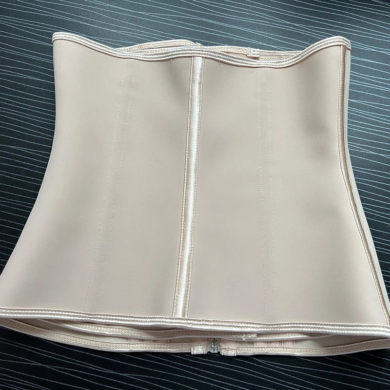 A beige double compression waist trainer corset body shaper displayed flat on a dark surface.