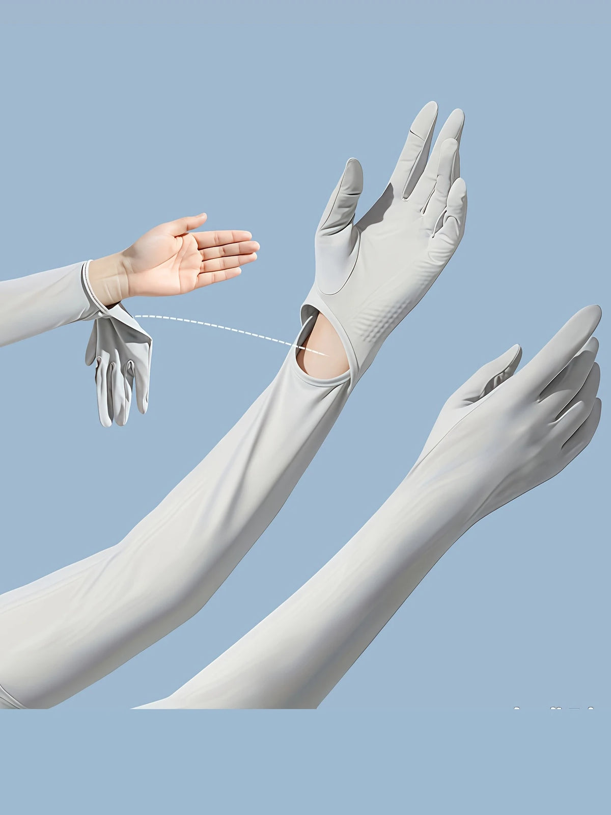Una mano vistiendo una manga elástica protectora UV de color gris claro extendiendo los dedos.